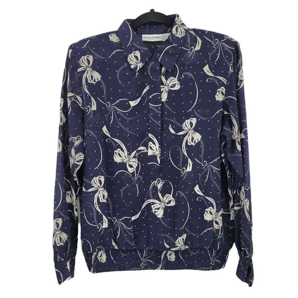 Vtg 80's Alfred Dunner Top Sheer Secretary Novelty Bow Print Blouse Navy Sz M